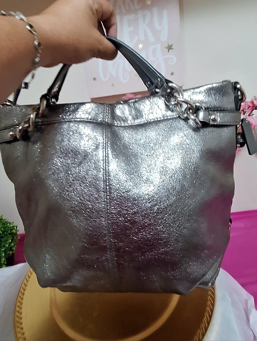 ✨🖤 COACH BROOKE METALLIC PEWTER LEATHER HOBO ✨🖤